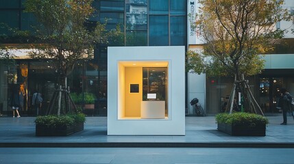 Modern minimalist urban kiosk with warm interior lighting.