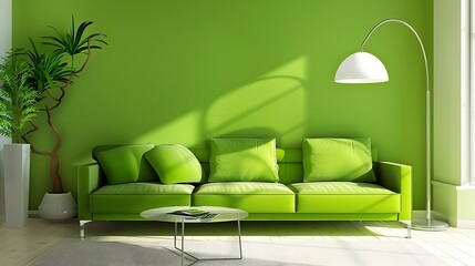 modern green living room with green sofa and green carpet, 3d render