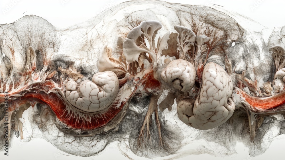 Poster a surreal depiction of an abstract biological structure, blending organic shapes with intricate red 