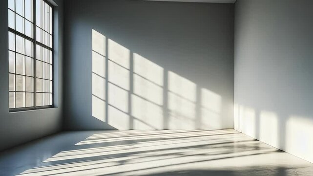 Light abstract streaming through a window, creating shadows in an empty industrial space with a concrete floor background
