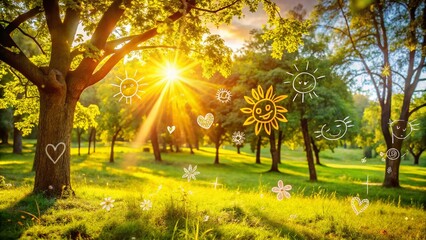 Fototapeta premium Sunny Day Delight: A Candid Photography Capture of Summer Sunlight, Featuring a Doodle Symbol of Sunshine and Warmth, Perfect for Celebrating the Joys of Summer Days