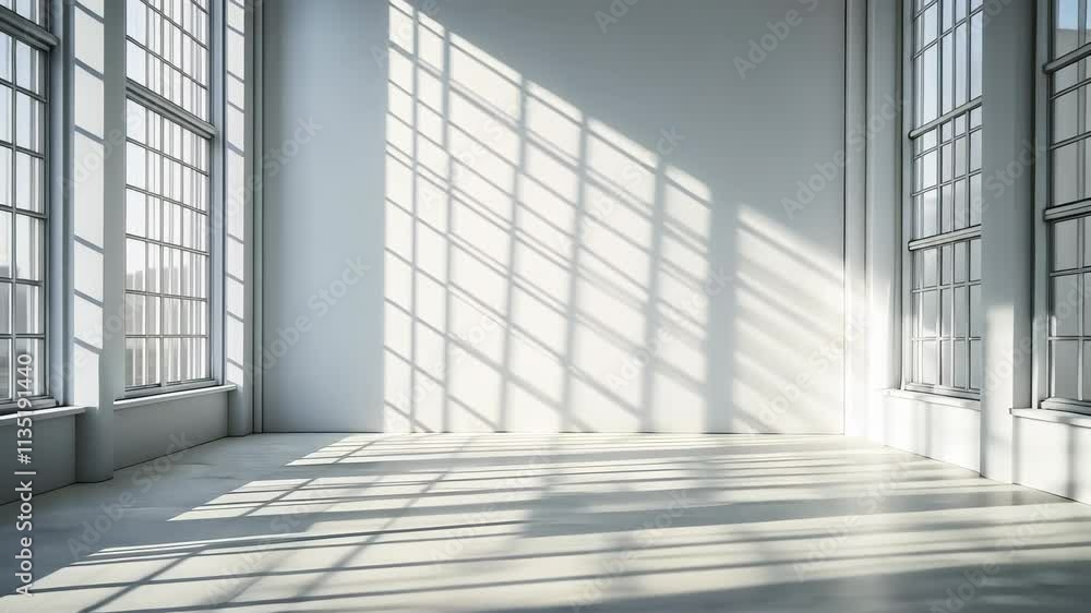 Poster light abstract streaming through a window, creating shadows in an empty industrial space with a conc