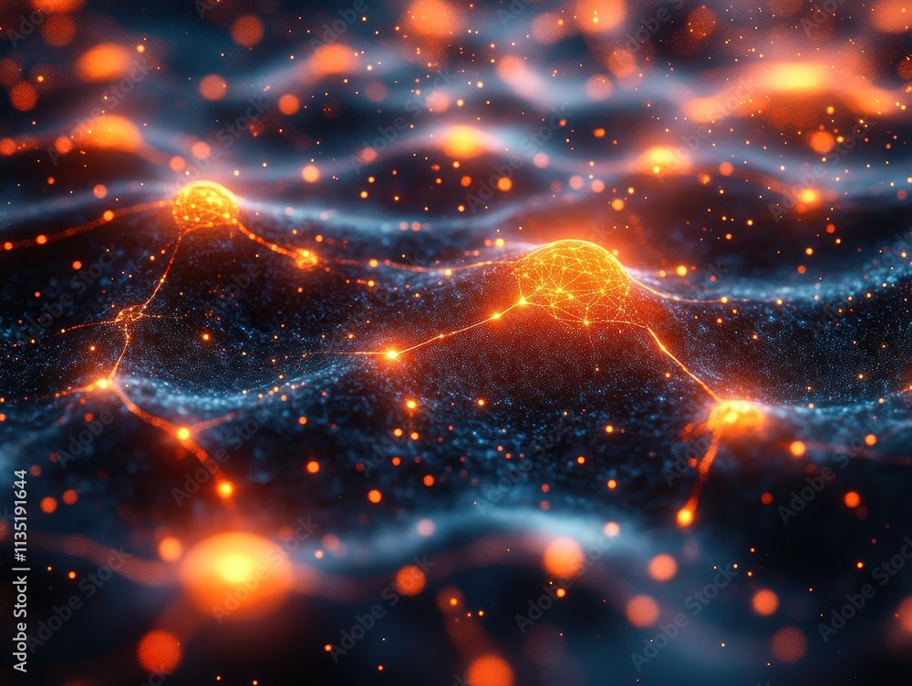 Aufkleber abstract glowing network with orange nodes and blue interconnected lines on a dark background.