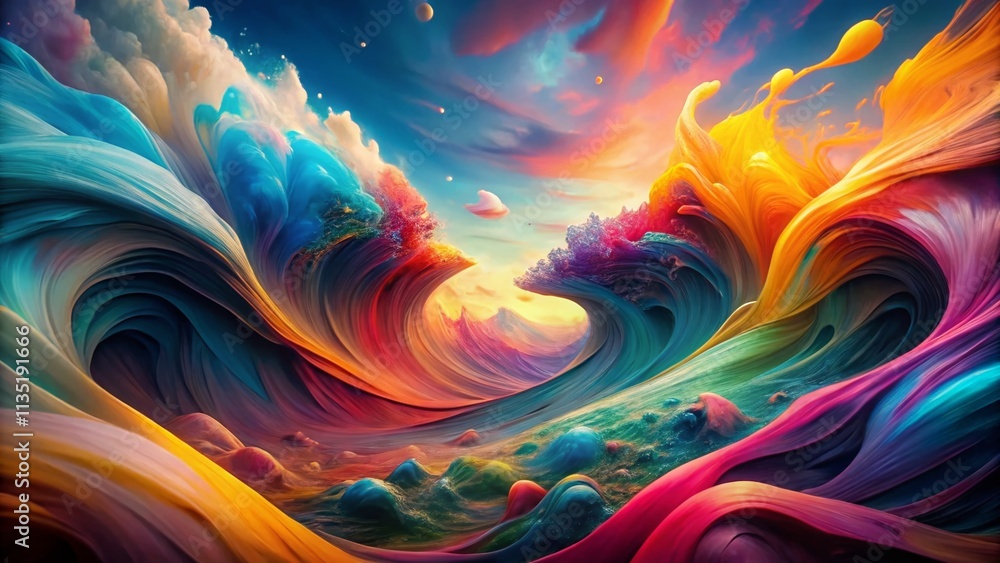 Poster surreal 3d abstract double exposure art with vibrant colors and fluid shapes for creative and modern