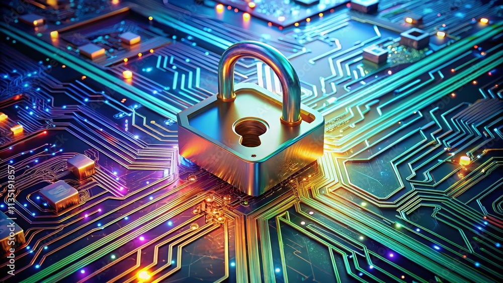 Poster surreal 3d illustration of a cybersecurity digital lock on a circuit board, merging technology and i