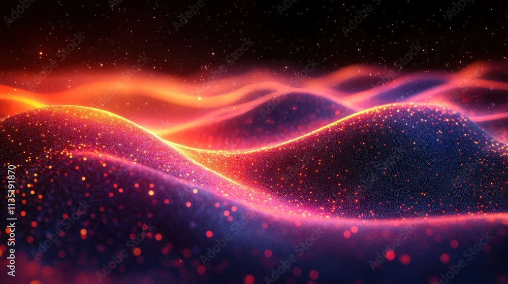 Poster abstract wavy red and blue glowing particle field with dark background and bokeh effects.