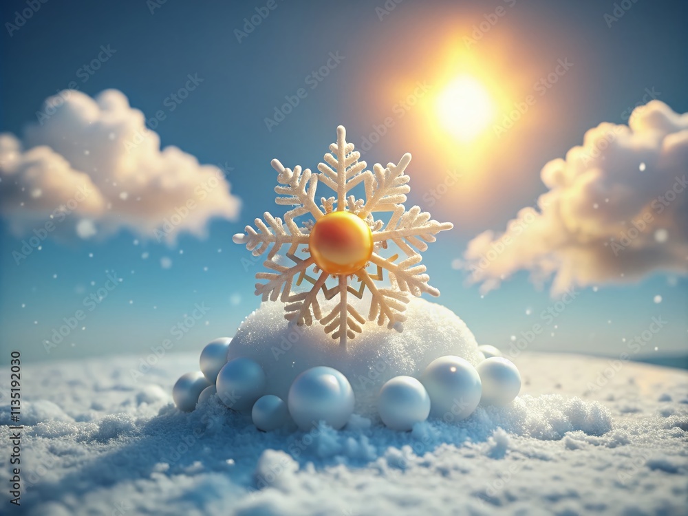 Poster surreal 3d render of a minimalist cloud and snowflake with sun icon for weather applications, ideal 