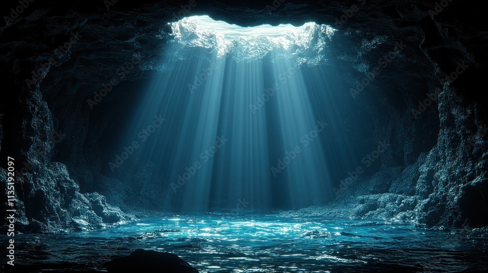Poster a serene underwater cave illuminated by beams of light, creating a tranquil atmosphere.