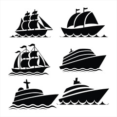 Ships and boats icons. Barge, cruise ship, shipping and fishing boat vector signs. Black silhouette of marine vehicles illustration