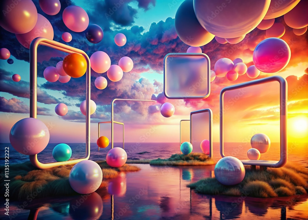 Poster Surreal 3D Speech Bubbles in a Dreamlike Landscape, Capturing Conversations and Empty Text Frames for Creative Communication and Artistic Expression