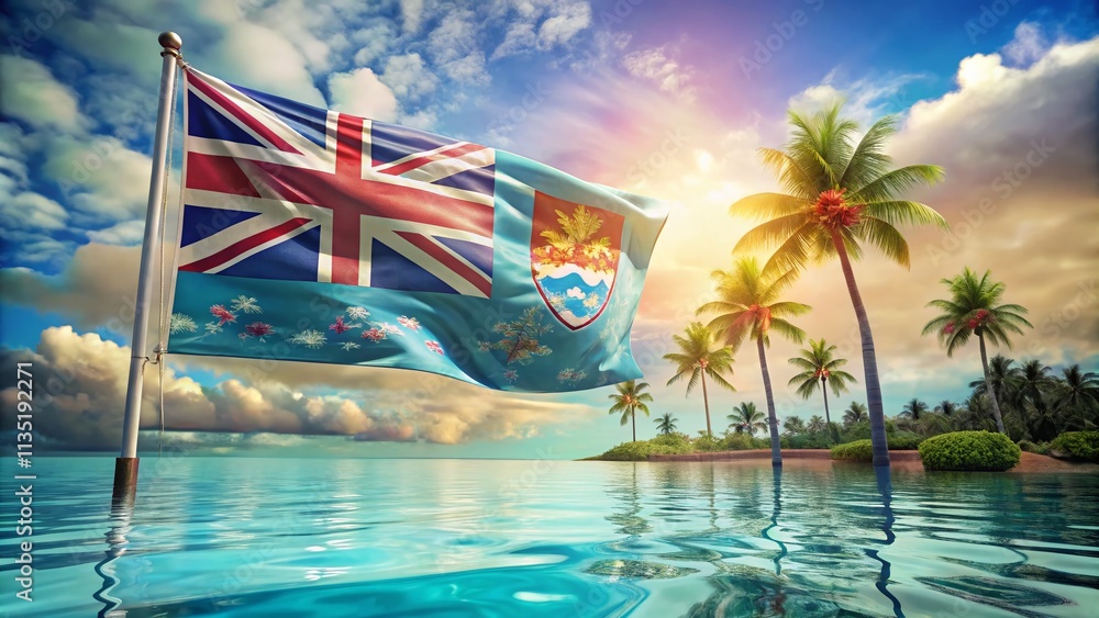 Poster surreal 3d visualization of the fiji flag with dreamlike elements and vivid colors, emphasizing cult