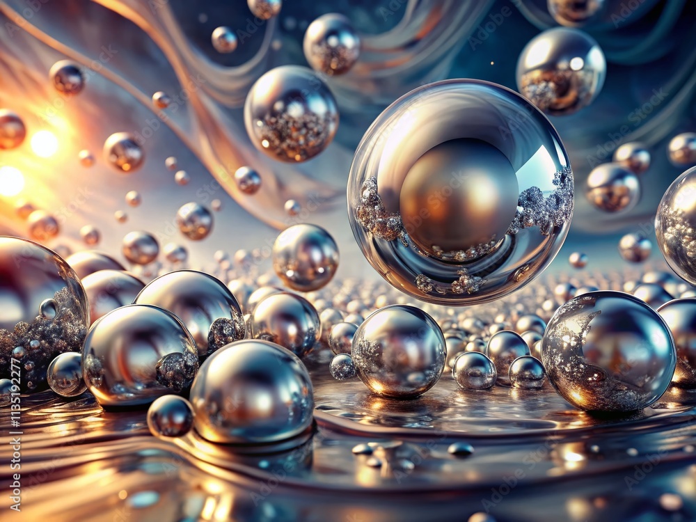 Poster surreal abstract animation of silver drops in motion: computer generated metaballs resembling galliu