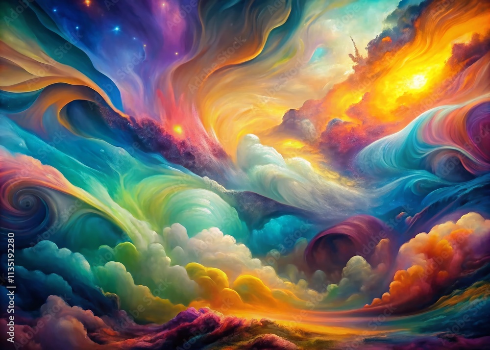 Poster surreal abstract background featuring vibrant oil painting patterns in a dreamlike color palette for