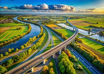 Fototapeta premium Surreal Aerial Perspective of the A1 Highway with the Zandhazenbrug Railway Bridge in the Netherlands Capturing the Harmony of Modern Infrastructure and Nature