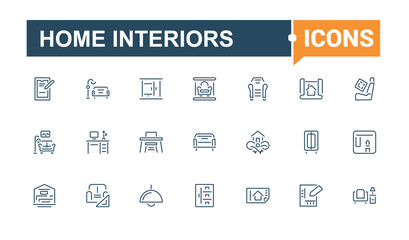 Home Interiors icons set in line style. Featuring curtains, furniture, sweet, decor, maintenance, vehicle, blind and more. Thin linear style icons. Editable vector stroke.