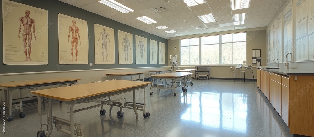 Poster anatomy classroom with tables, charts, and lab counters.