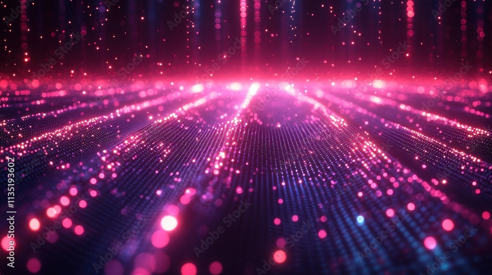 Poster abstract glowing pink and blue particles grid with bokeh effect.