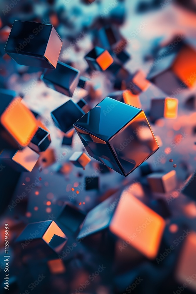 Poster floating dark cubes interspersed with glowing orange accents in dynamic abstract art composition cre