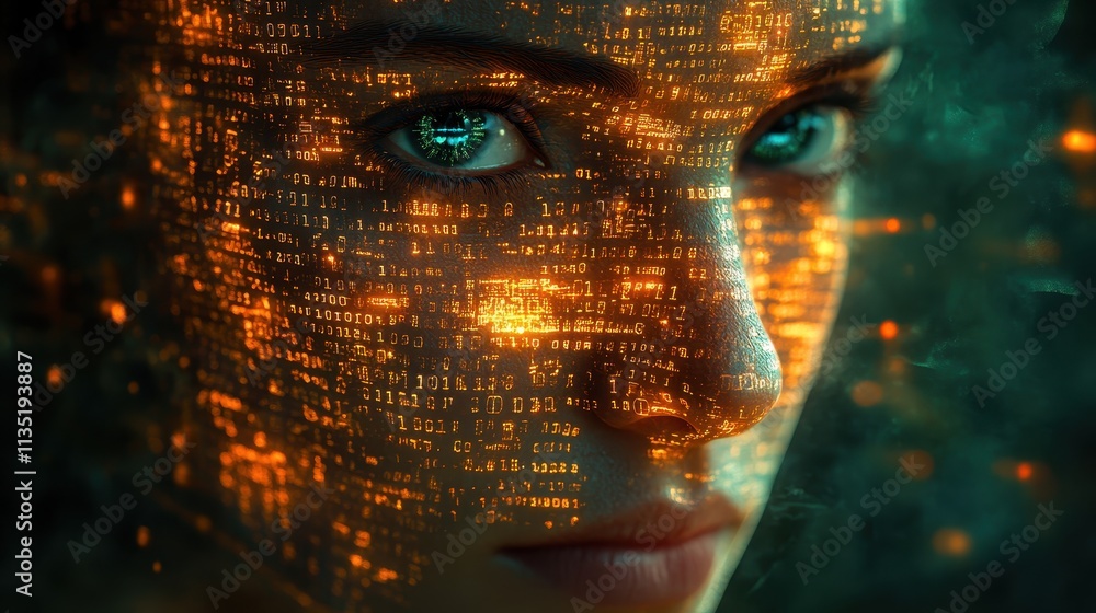 Aufkleber digital skin woman's face covered in binary code, concept of technology and data.