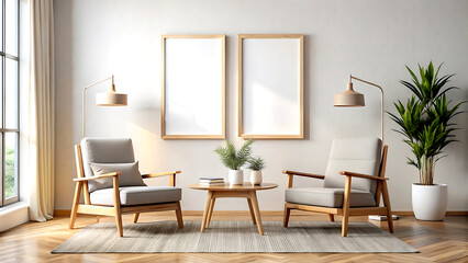 Sofa and armchairs in room with fireplace and arch ceiling. Mediterranean, minimalist interior design of modern living room.