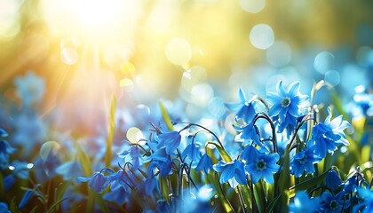 Fototapeta premium Blue hyacinths blooming in the meadow at sunset