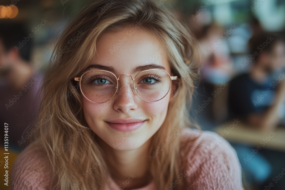 Poster portrait of cheerful hipster girl in optical spectacles for provide eyes protection looking at camer