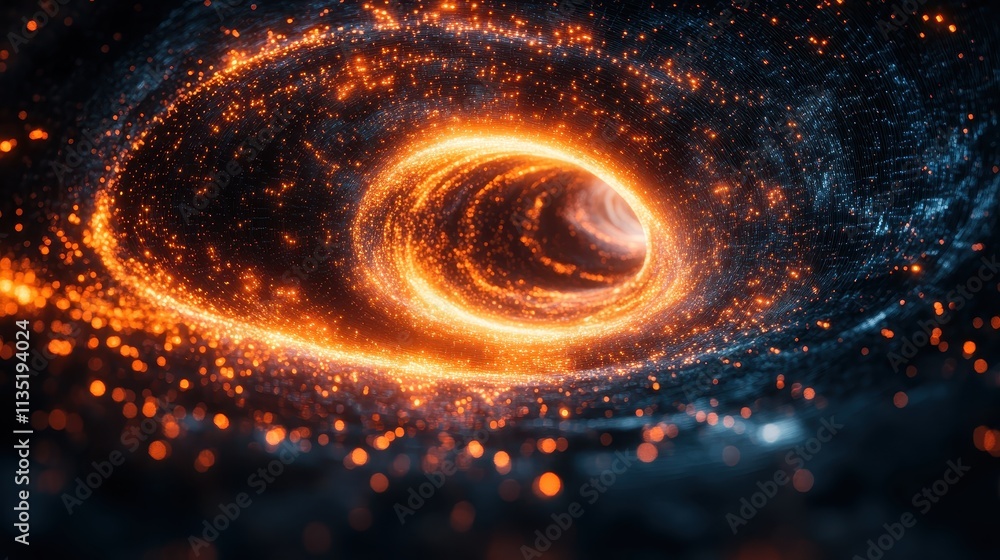 Poster abstract glowing vortex tunnel with orange particles and subtle blue lines on dark background.