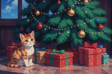 Cute cat with a ribbon among various gifts, a christmas tree in the back, vintage anime style