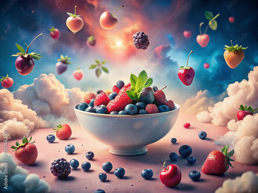 Aufkleber surreal breakfast scene with colorful berries in a bowl surrounded by dreamlike elements and whimsic