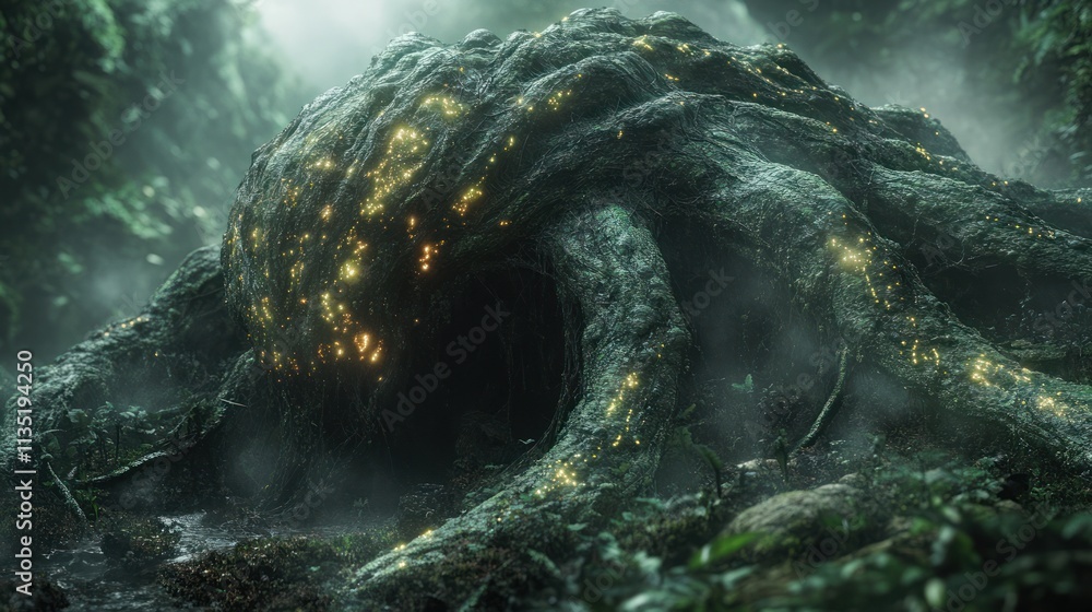 Poster a mystical creature resembling a tree with glowing elements in a foggy forest setting.