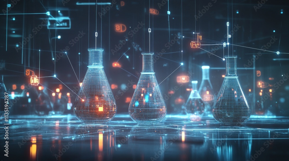 Poster a captivating scene featuring glowing digital flasks in a futuristic lab setting. the abstract backg