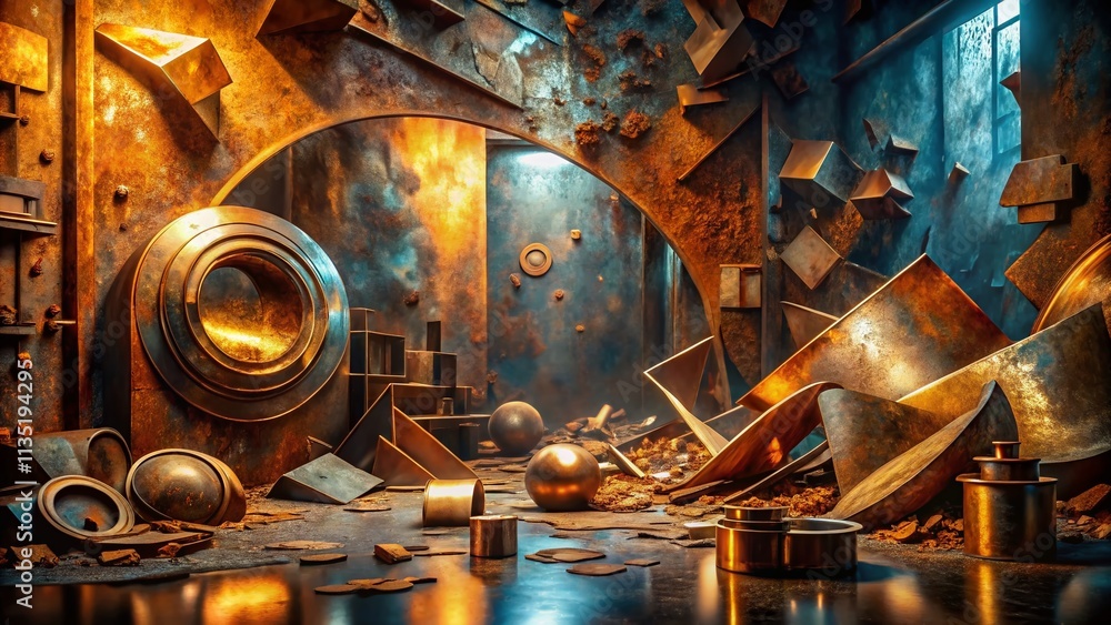 Poster surreal broken iron and copper metal background with intricate textures and distorted reflections, p