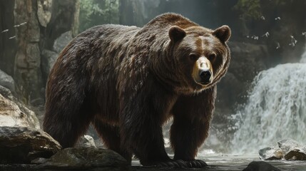 Obraz premium Majestic grizzly bear staring on riverbank in soft light