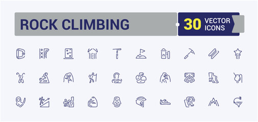 Rock Climbing icon set. Contains related to outdoors, climber, hiking, tourism, adventure, climbing, . Collection for mobile and web apps. Vector illustration in modern line style.