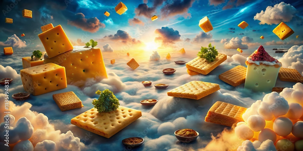 Aufkleber surreal cheese and crackers dreamscape with floating elements and vivid colors, capturing an imagina