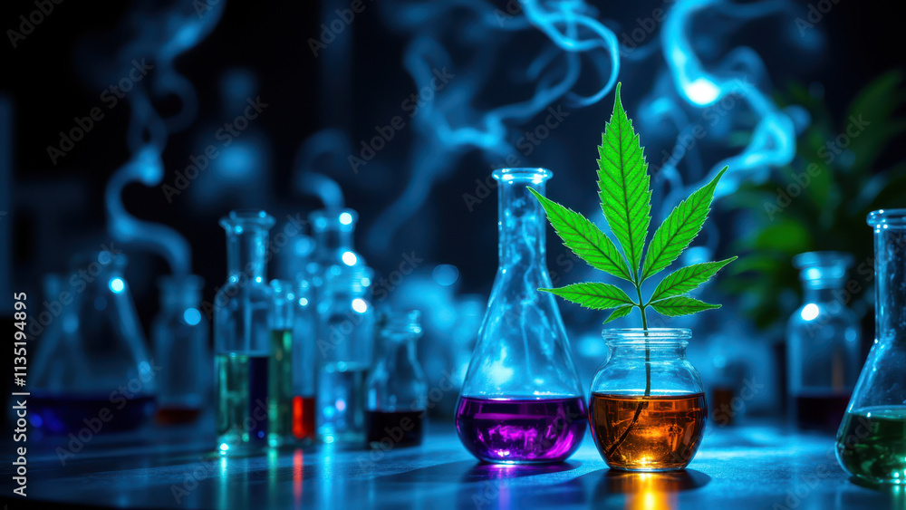 Poster thumbnail for a video about growing cannabis, set against an array of test tubes and scientific equi
