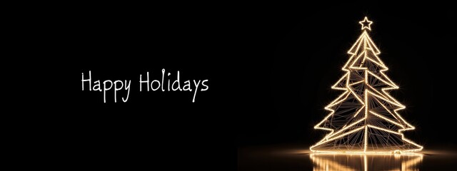 An elegant Christmas card featuring an abstract and geometric Christmas tree with glowing lights.