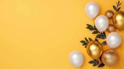 New years decor and party glamorous, A vibrant arrangement of gold and white balloons alongside decorative ornaments on a bright yellow background, perfect for celebrations.