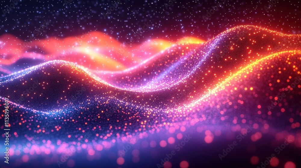 Poster abstract glowing particle waves on dark background with starry sky effect.