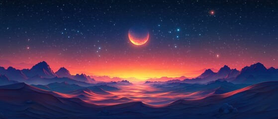 Fototapeta premium Ethereal Sunset Over Alien Landscape with Crescent Moon and Stars.