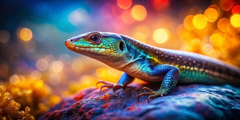 Surreal Close-Up of a Ground Skink Perched on a Rock with Dreamlike Background, Capturing Nature's Intricacies and Vivid Colors in an Otherworldly Scene