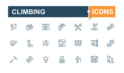 Climbing line icons set. It contains symbols to hiking, outdoors, climber, adventure, tourism and more. Simple icon designs. Editable stroke. Vector illustration.