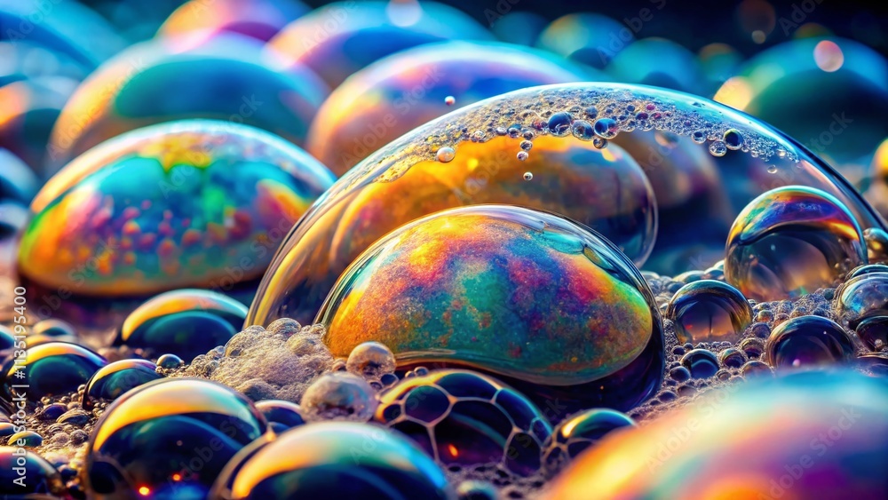 Poster surreal close-up of bubble foam from soap shampoo floating on water surface, capturing the ethereal 