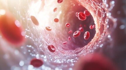 A serene, high-quality 3D rendering of red blood cells flowing through a transparent, glowing vessel. The soft lighting and fine details bring a peaceful and scientifically accurate depiction of