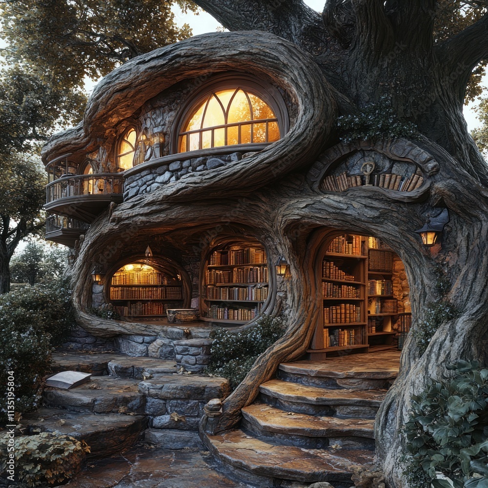 Poster a whimsical treehouse library with intricate wooden architecture and cozy reading spaces.