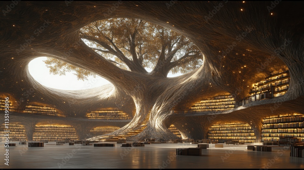 Poster a fantastical library with a large tree, blending nature and knowledge in a serene space.