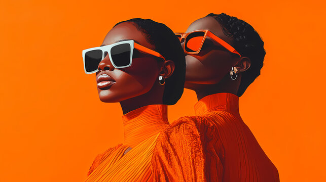 Black women in sharp sunglasses exude elegance as they pose in vibrant orange outfits, reflecting a fusion of modern style and timeless sophistication. generative ai. Timeless. Illustration