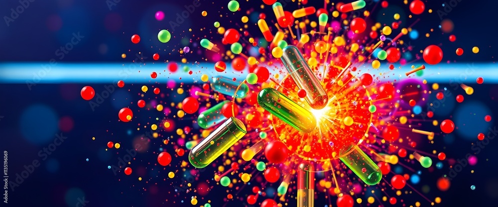 Poster vibrant explosion of colorful capsules and particles in a dynamic scene.