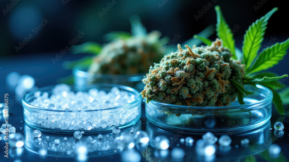 Poster thumbnail image of crystalized thc or cbd isolate with a background of lab equipment for extraction 