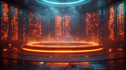 Futuristic Circular Platform with Glowing Edges in a High-Tech Enclosure, illuminated walls, with smoke effect.